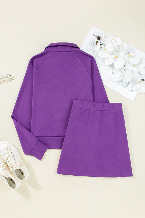 Half Zip Collared Pullover Pocket Mini Skirt Two Piece Dresses